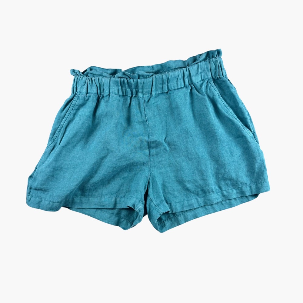 C&C California Teal Blue 100% Linen Paperbag Waist Shorts Womens XS